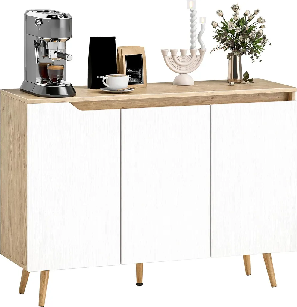 Buffet Bas Blanc 3 Portes avec Étagères Ajustables Cadre en Bois Solide