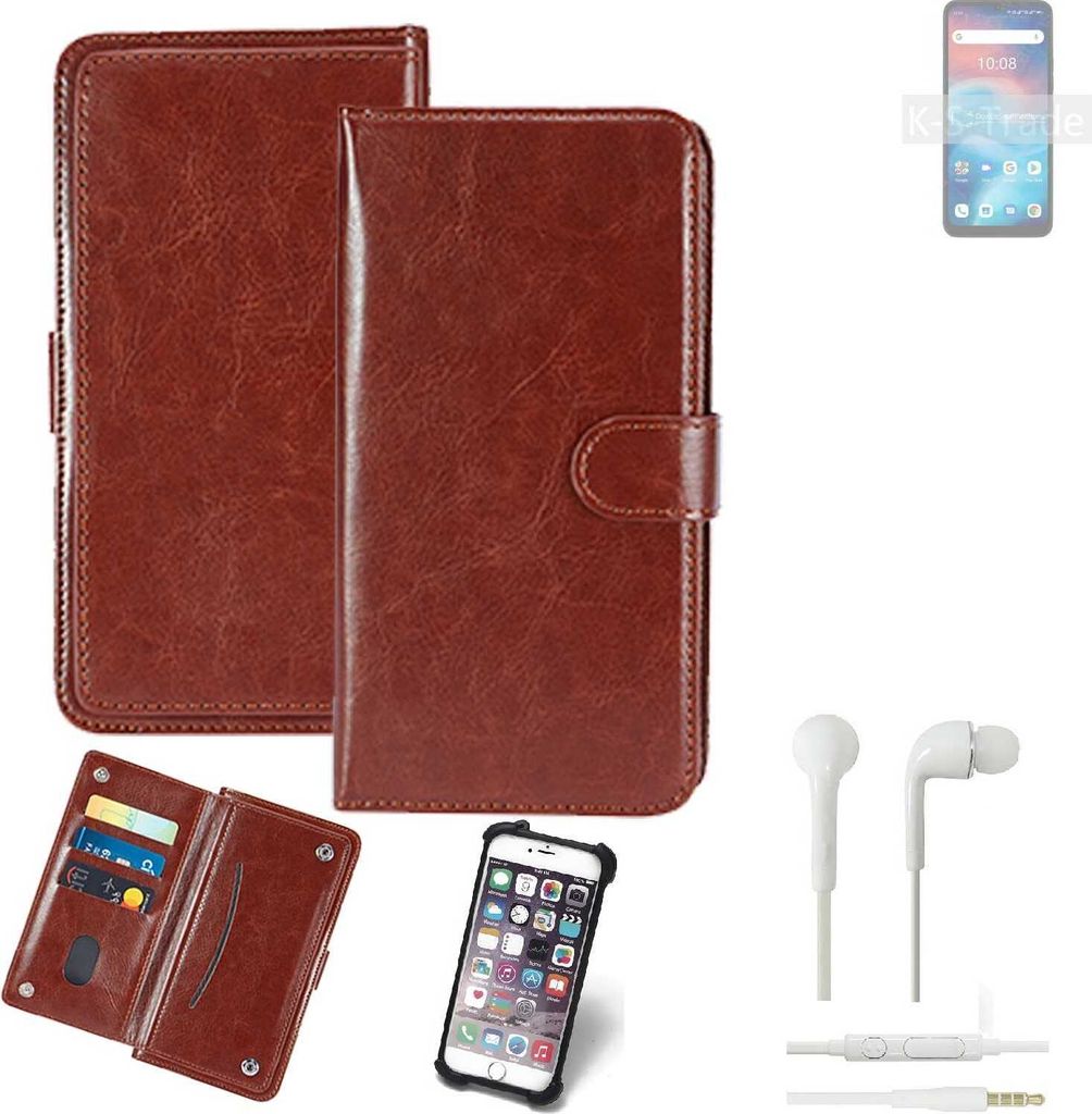 K-S-Trade 360° Hülle kompatibel mit UMIDIGI C1 inkl. Headphones braun Kunstleder Case BookCase WalletCase Kunstlederederhülle Handyhülle,