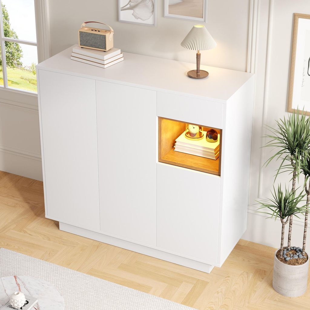 MODFU Meuble à Chaussures Blanc et Bois Clair avec LED Image du produit 