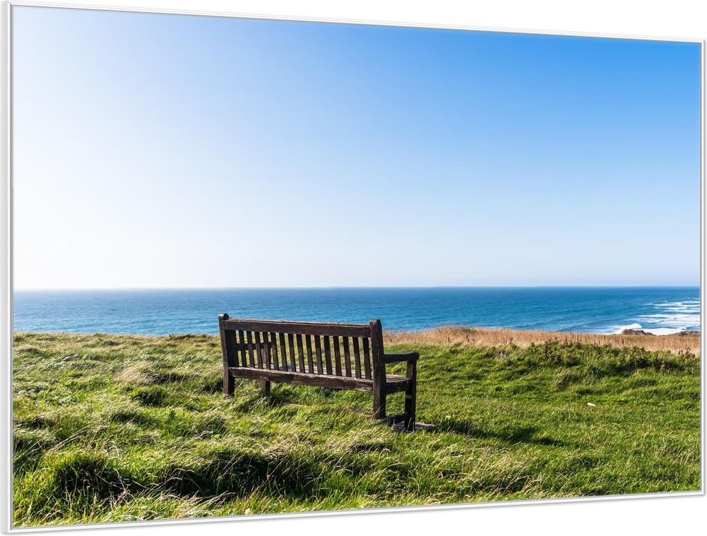 Wallario Wandbild Bank mit Aussicht, Größe: 61 x 91,50 cm, Poster mit weißem Aluminiumrahmen