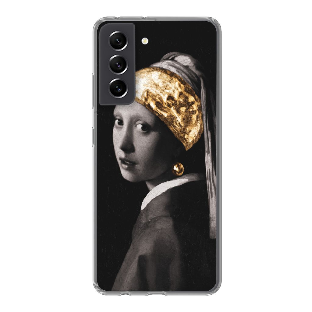MuchoWow Handyhülle Schutzhülle Hülle für Samsung Galaxy S21 FE Malerei - Gold - Schwarz - Weiß Silikon Softcase Handy Hülle - Mobiltelefon...