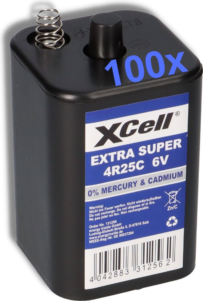 100x XCell 4R25 6V 9500mAh Blockbatterie, für Blinklampen, Baustellenlampen