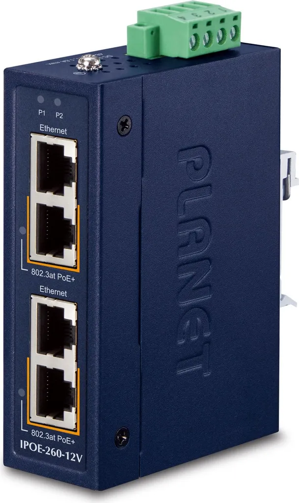 Planet IPOE-260-12V Injecteur PoE industriel 2 ports Gigabit Rail DIN