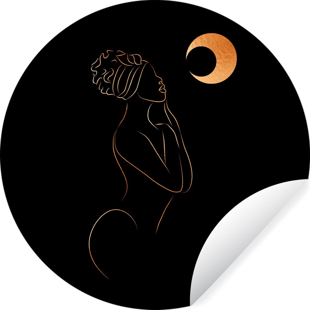 MuchoWow Runde Wandtattoo - Wandsticker Tapete Aufkleber Frau - Mond - Schwarz und Gold - Strichzeichnung Ø 100 cm Selbstklebend und Repositioni...