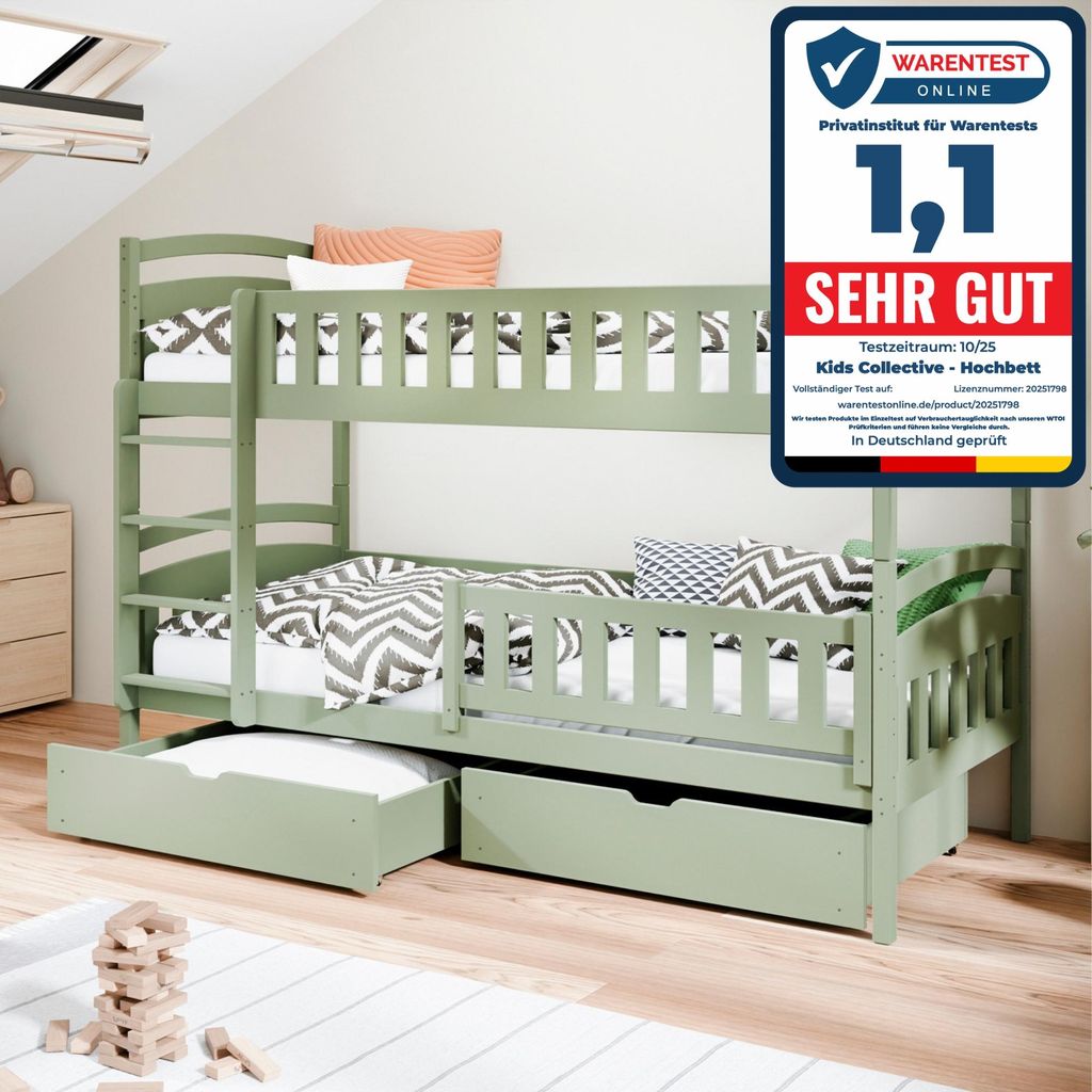 Hochbett 90x200 cm Etagenbett mit zwei Schubladen, Lattenrost, Rausfallschutz, umbaubar in zwei Einzelbetten, aus Vollholz massiv in Olivgrün, Fun...