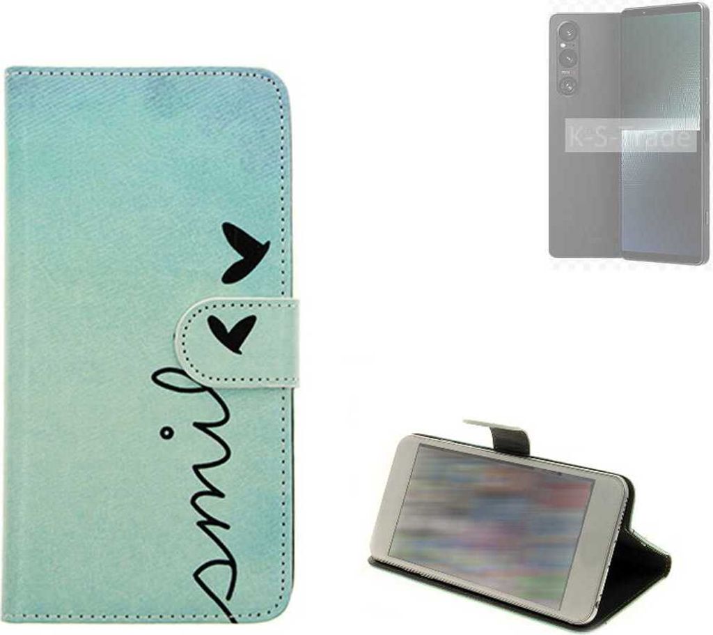 K-S-Trade Schutz Hülle Handy Hülle kompatibel mit Sony Xperia 1 V Hülle Handyhülle cover bookstyle Etui Handyhülle “smile“ türkis