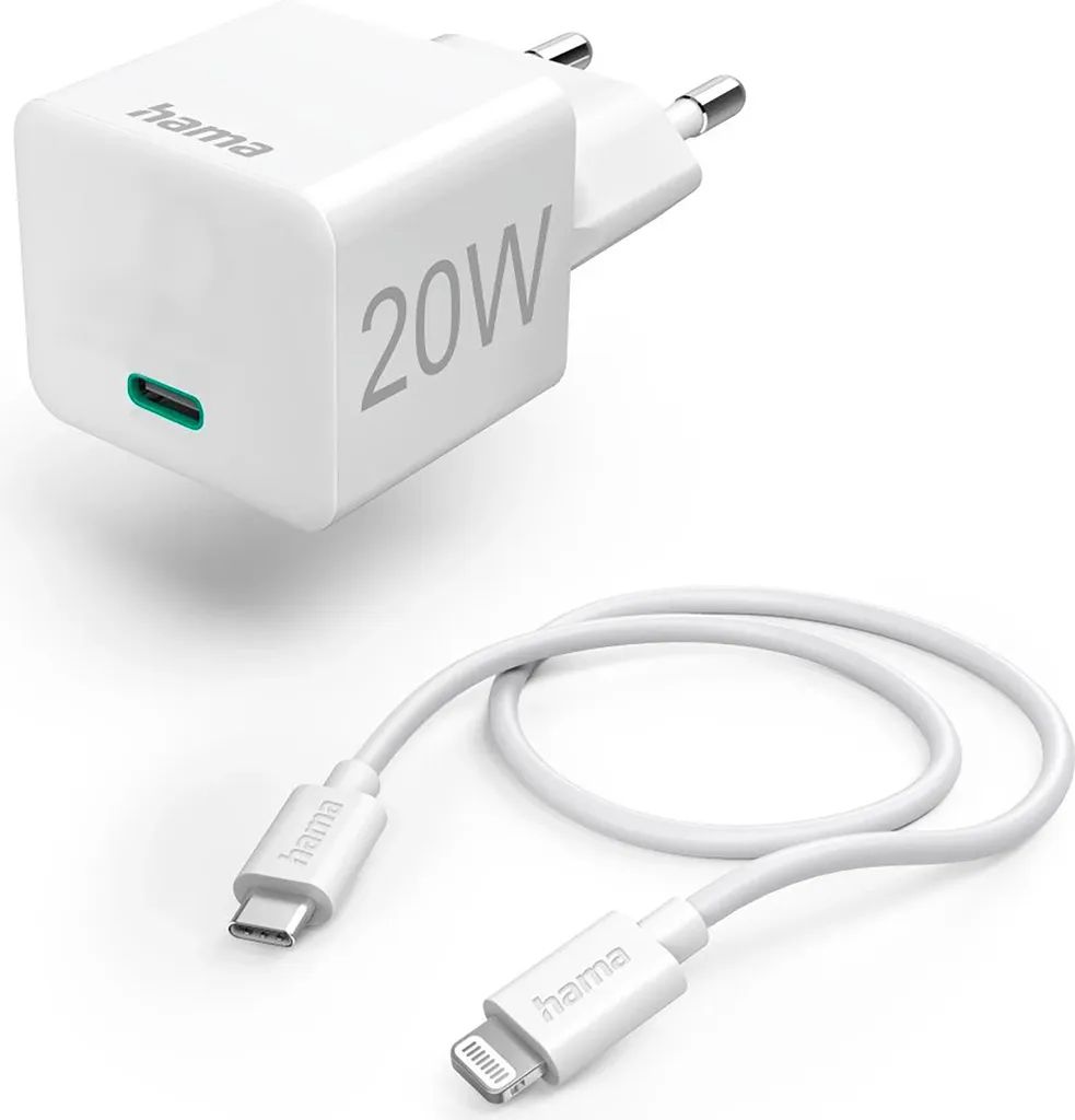 Hama Schnellladegerät mit Ladekabel Lightning, Mini-Ladegerät, PD, 20W, 1m, Weiß (00201620)