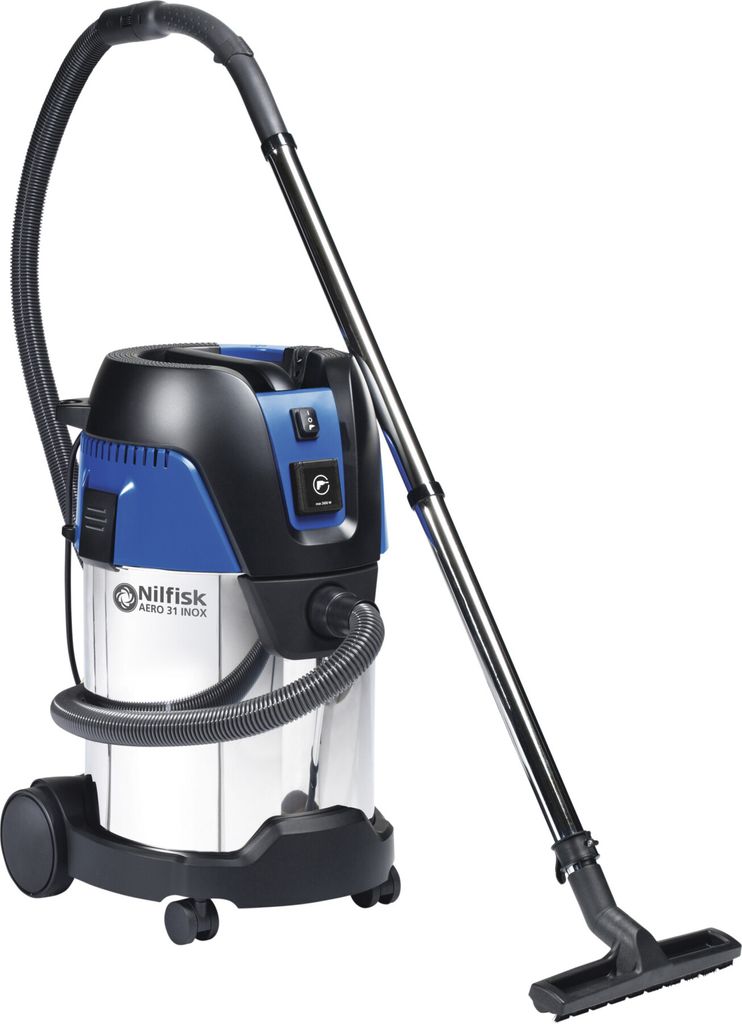 A Nilfisk Aero 31-21 Pc Inox wet/dry vacuum cleaner with a stainless steel container and high capacity.