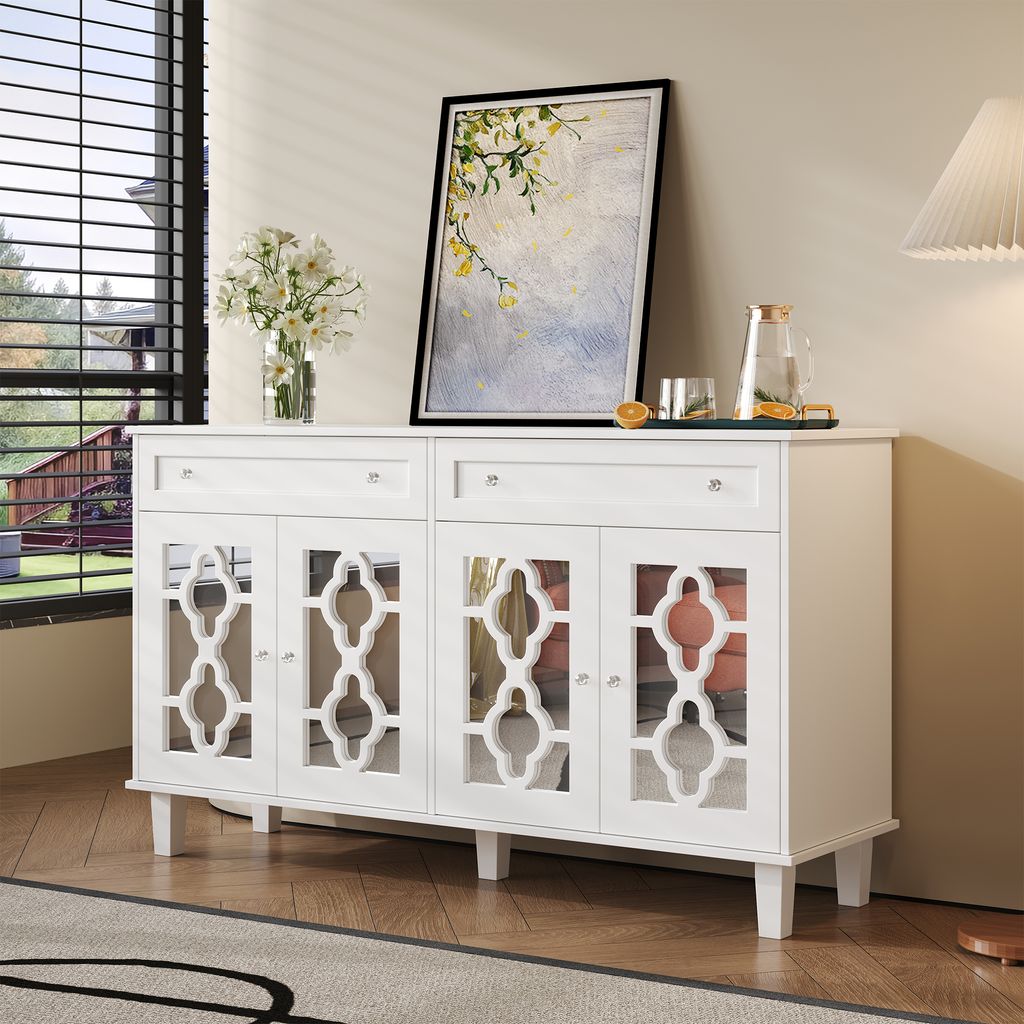 MODFU Kommode Sideboard mit vier Spiegeltüren, Schrank Buffet mit verstellbaren Einlegeböden und Kristallgriffen für Wohnzimmer, Schlafzimmer, K...