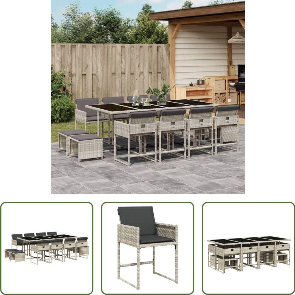 The Living Store 13-tlg. Garten-Essgruppe mit Kissen Hellgrau Poly Rattan