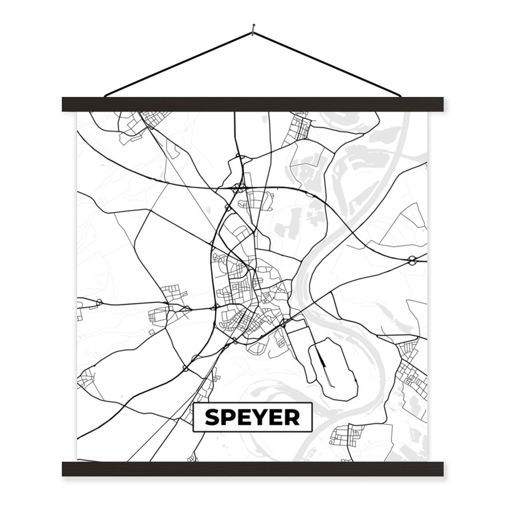 MuchoWow Textilposter Stadtplan - Speyer - Karte 120x120 cm mit schwarzem Rahmen - Aufhängungsset