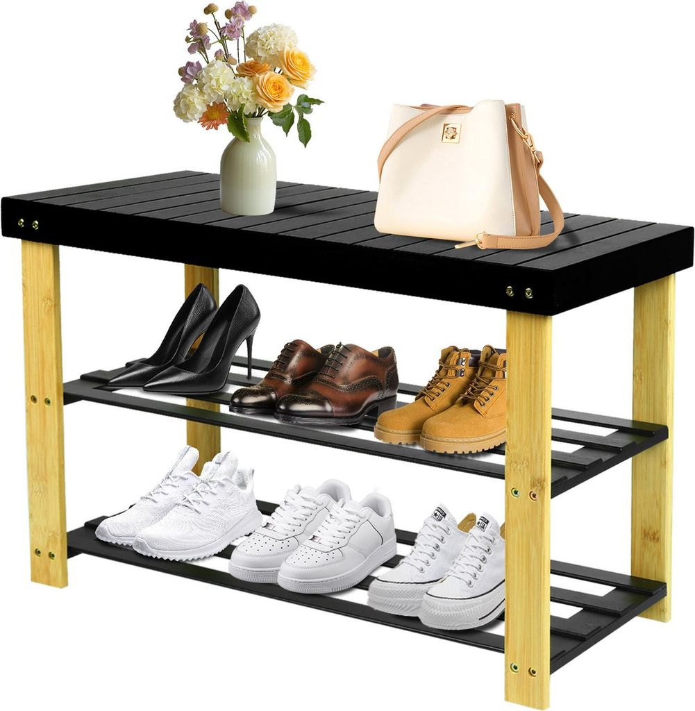 Schuhregal,Schuhschrank mit Sitzbank,Bambus Schuhbank mit 2 Ablagen,für Flur,Bad,Wohnzimmer,Diele 70x27x42cm