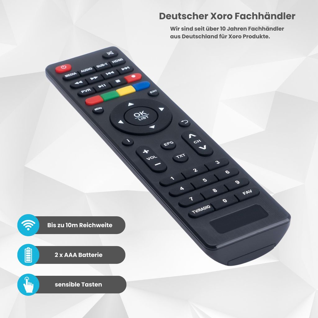 A black remote control is shown diagonally on a light gray and white geometric background. Text overlays describe features and the seller's credentials.