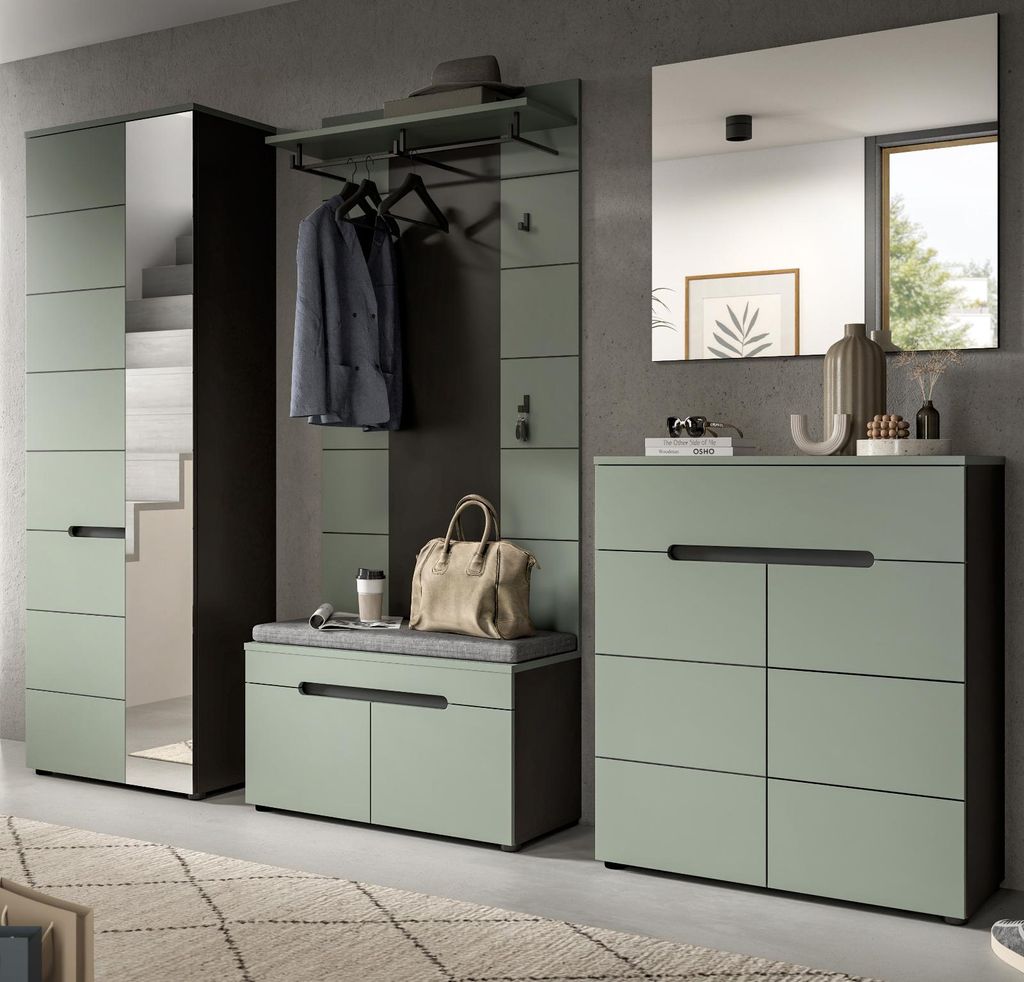 Garderobe Set 5-teilig "Cooper" in Salbei und Grau 255 cm, Soft-Close und inklusive Sitzkissen