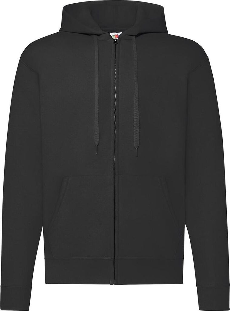 A plain black zip-up hoodie is shown from the front against a white background.