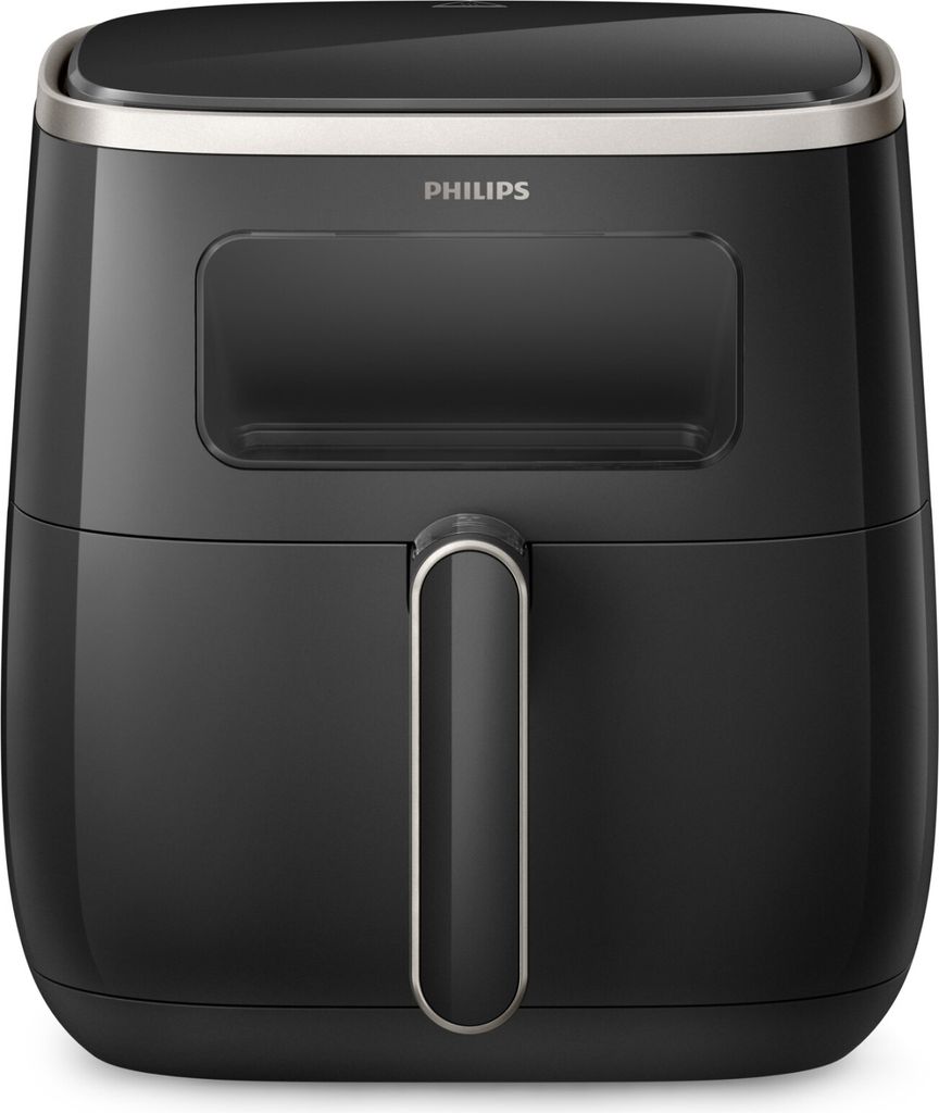 A front view of a black Philips air fryer on a white background.