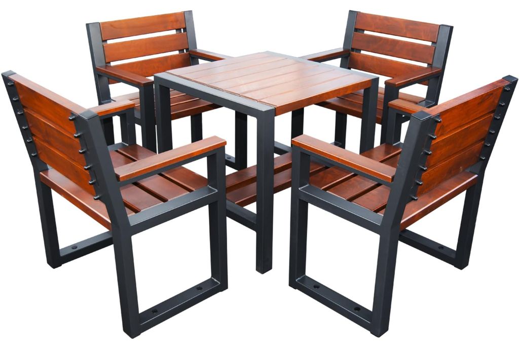 Bistro Set Metall und Holz 4+1 - Gartenmöbel Set mit 4 Stühlen & Tisch - Modernes Bistroset aus Erlenholz und Stahl - Garten, Gastronomie - Walnuss