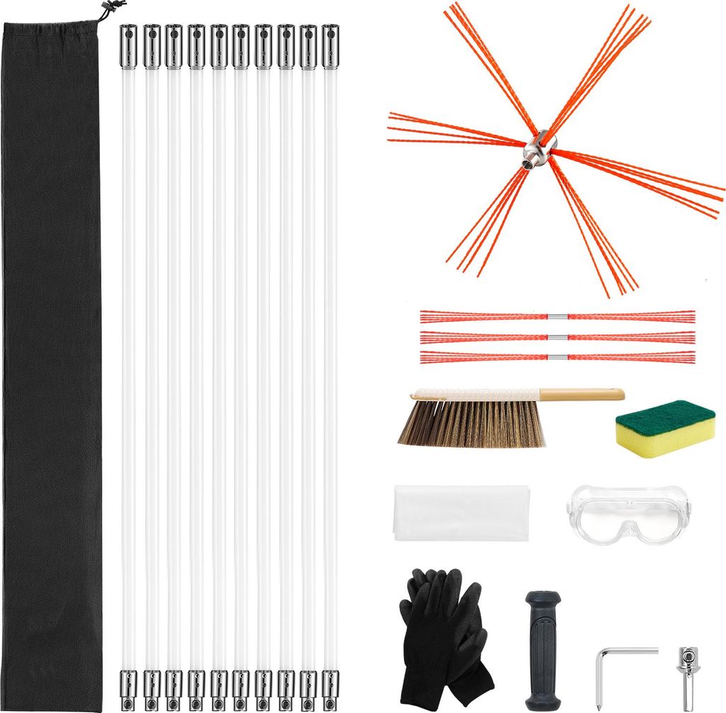 SucceBuy Ofenrohrbürste-Set, maximale Länge 10 m, Schornsteinreinigungsbürsten, Schornsteinfeger-Set, Kaminbürste, flexibel bis 90° biegbares ...