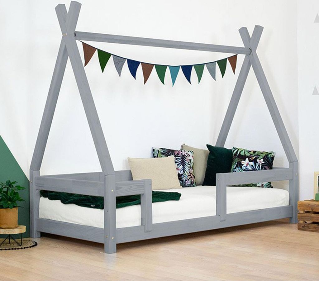 Kinderholzbett NAKANA in Form eines Tipis mit Seitenteil 90x160 cm Dunkelgrau