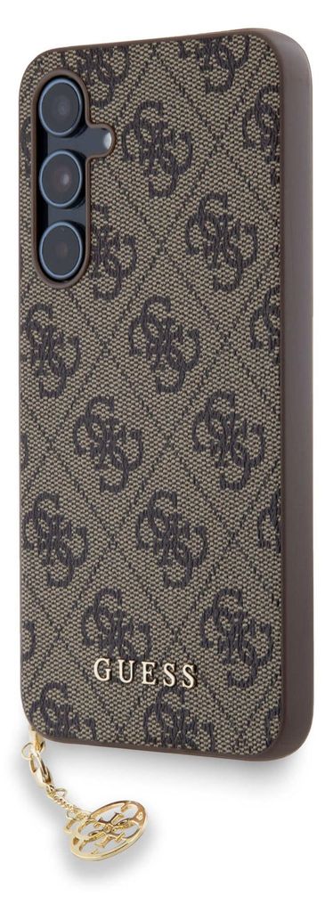 A close-up of a phone case with a repeating logo pattern and a gold charm.
