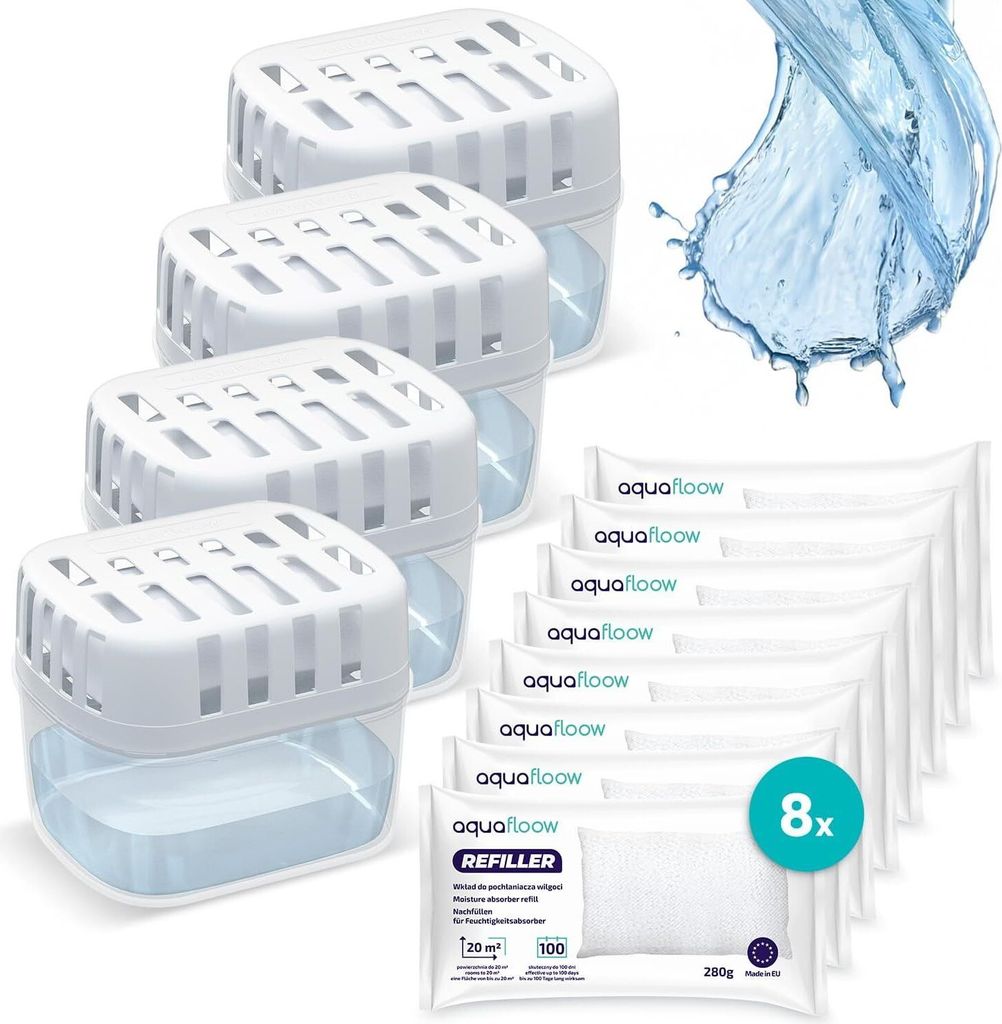 Aquafloow Raumentfeuchter Set – Stromloser Luftentfeuchter gegen Feuchtigkeit & Schimmel, 4 Boxen + 8 Nachfüllpacks