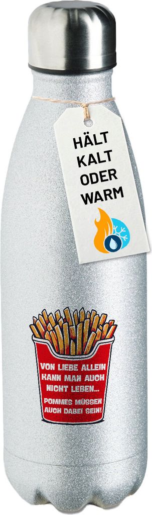 Huuraa Trinkflasche Liebe allein nicht Pommes dabei 500ml Silver Edelstahl Wasserflasche Trinkflasche Geschenkidee