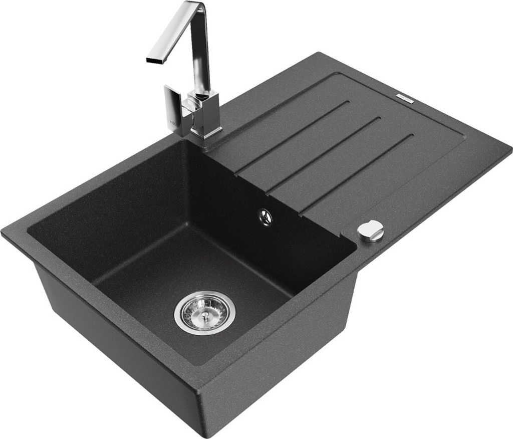 Mexen Bruno 1 Becken-Granitspüle mit Abtropffläche und Mischbatterie Rita, Schwarz gesprenkelt - 6513-76-670300-00