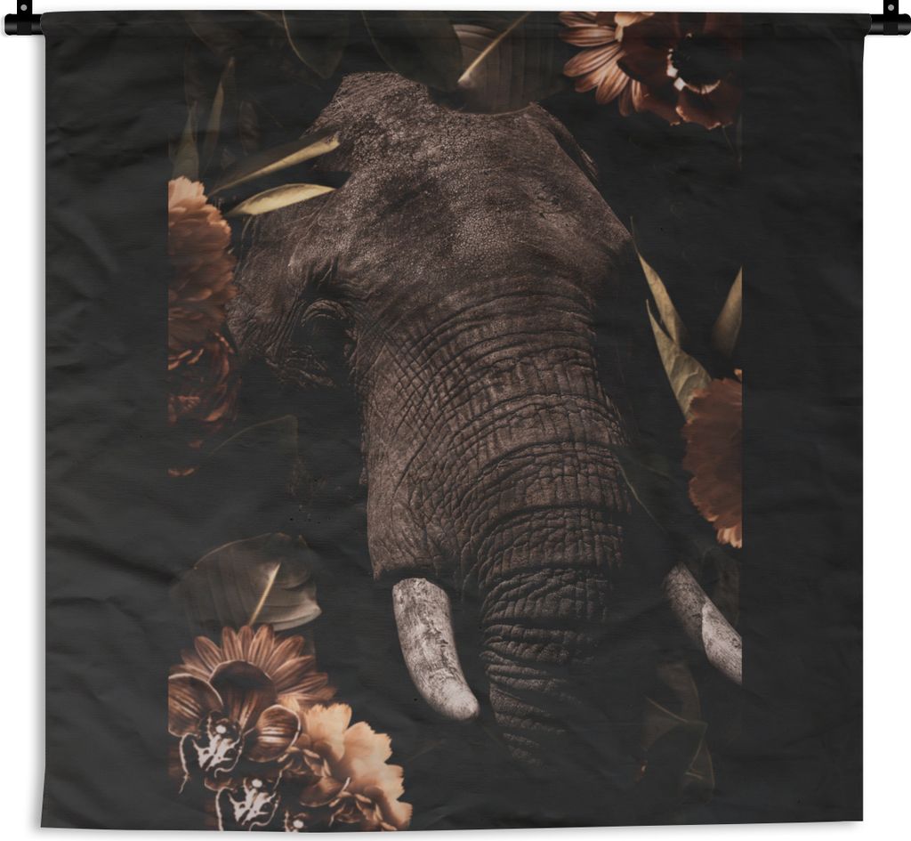 MuchoWow Wandteppich Wandbehang Elefant - Blumen - Porträt 150x150 cm Tapisserie Dekoration Wandtuch - Wohnaccessoires - Modernes