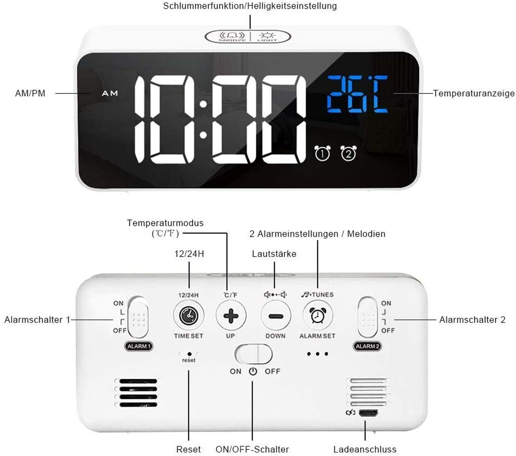 Nachttisch LED Uhr Zubehör Thermometer Digital USB Wiederaufladbar Neu 