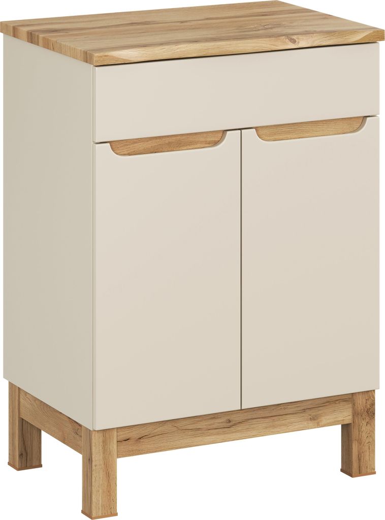 FURNLUX Waschbeckenschrank Bali Beige Und Wotan Eiche 60cm / Hauptfarbe: Beige / Abmessungen: 60 x 86 x 46 cm