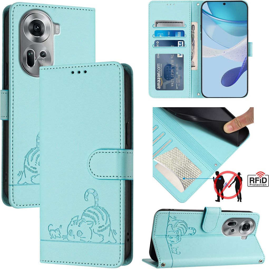 Leder Hülle für Oppo Reno11 Süße Katze Flip Case Brieftasche Schutzhülle mit Standfunktion hellgrün