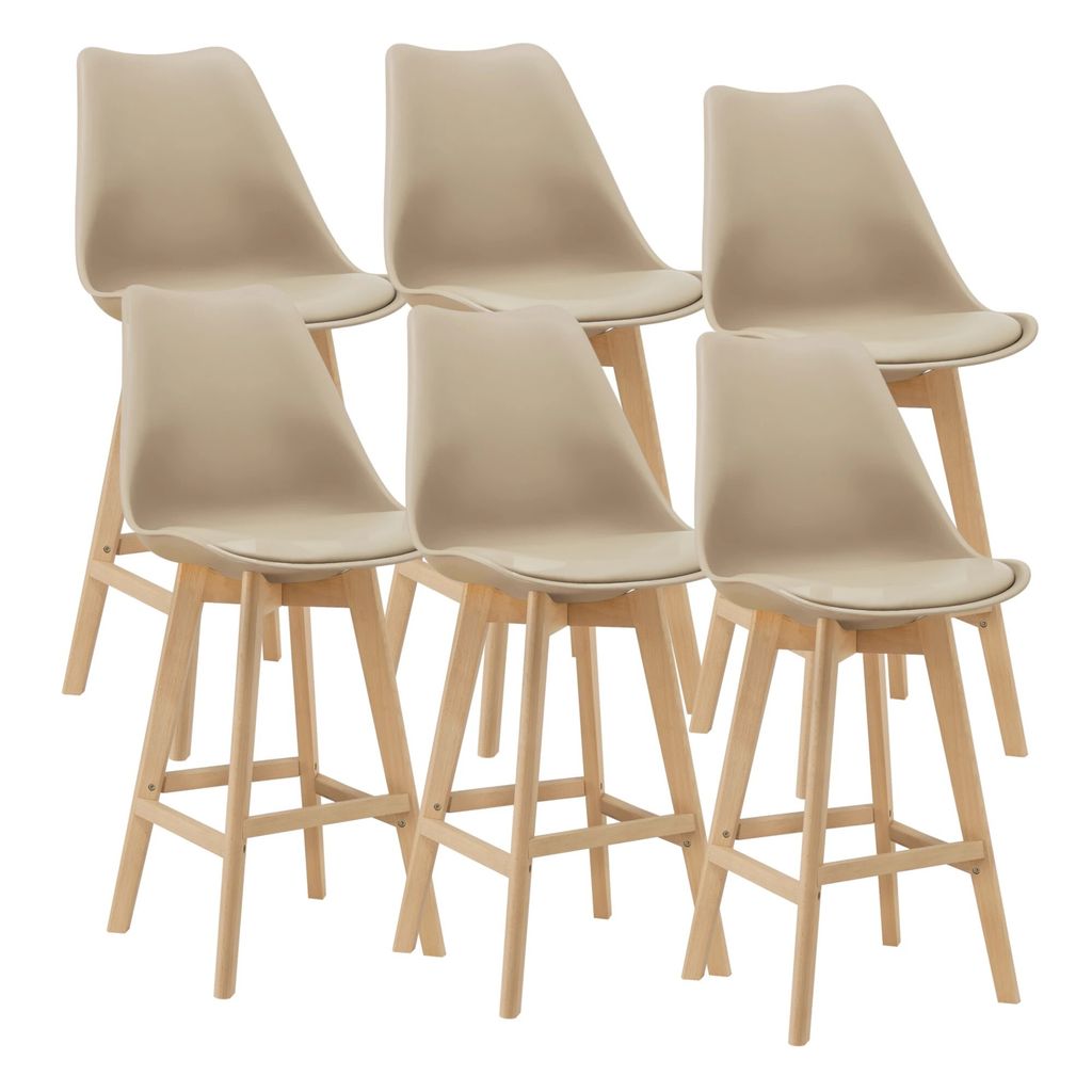 In And OutdoorMatch Barhocker Fermin - 6er-Set - Kunstleder und Buche - 105x48x58 cm - Beige - Modernes Design