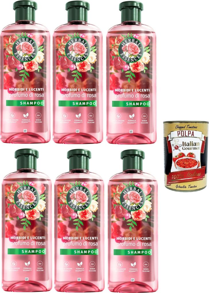 Herbal Essences Soft and Shiny Shampoo, für trockenes Haar, mit Rosenessenz, vegan 6x250 ml+ Italian Gourmet polpa 400g