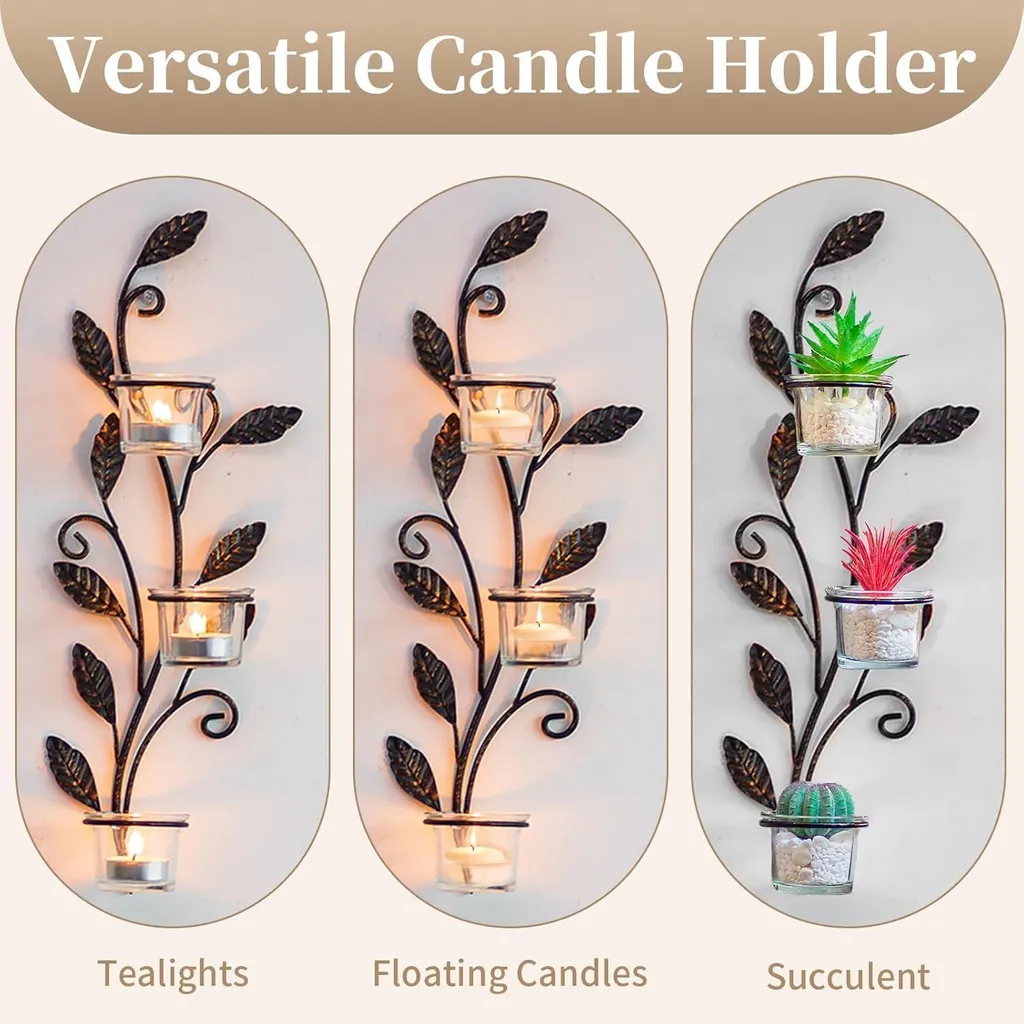 Portacandele Foglia Metallo Nero Parete - 6 Tealight Stile Vintage - 7