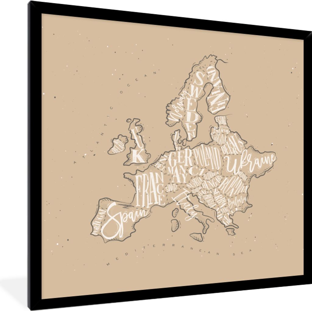 MuchoWow MuchoWow Gerahmtes Poster Karte - Europa - Weiß - Braun 40x40 cm - Poster mit zchwarzem Bilderrahmen - Mit Rahmen - Wanddekoration Sc...