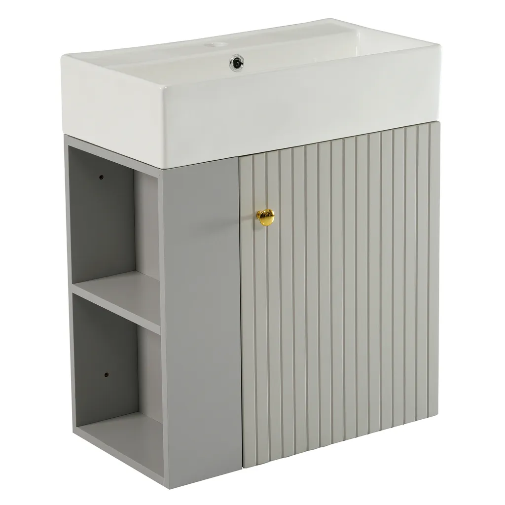 Vasque en céramique sur meuble gris 55 cm avec compartiments ouverts