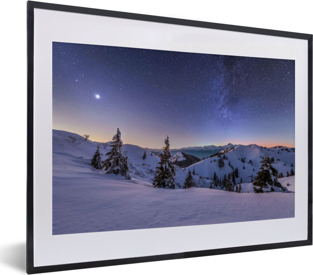 MuchoWow Gerahmtes Poster Winter - Schnee - Nacht - Bäume 40x30 cm - Poster mit Schwarzem Bilderrahmen Wandposter Rahmen Foto Bilder - Bilderrah...