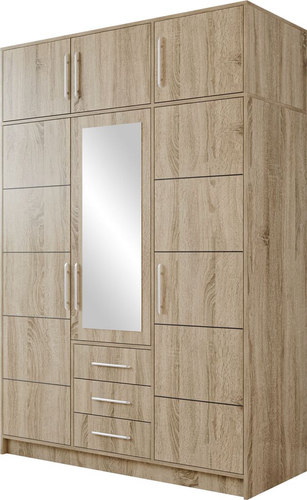 MIRJAN24 Kleiderschrank Bali D3 mit Schrankaufsatz, Drehtürenschrank, Garderobe mit Drehtüren, Spiegel und Schubladen, Schlafzimmer (Farbe: Sonom...