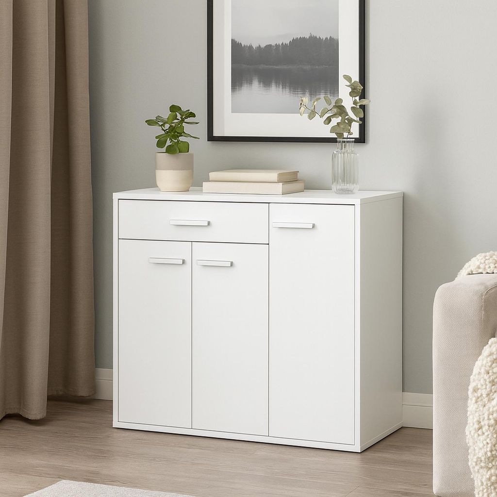 Sideboard Nina Weiß mit 3 Türen, 4 Regalfächern und 1 Produktbild 