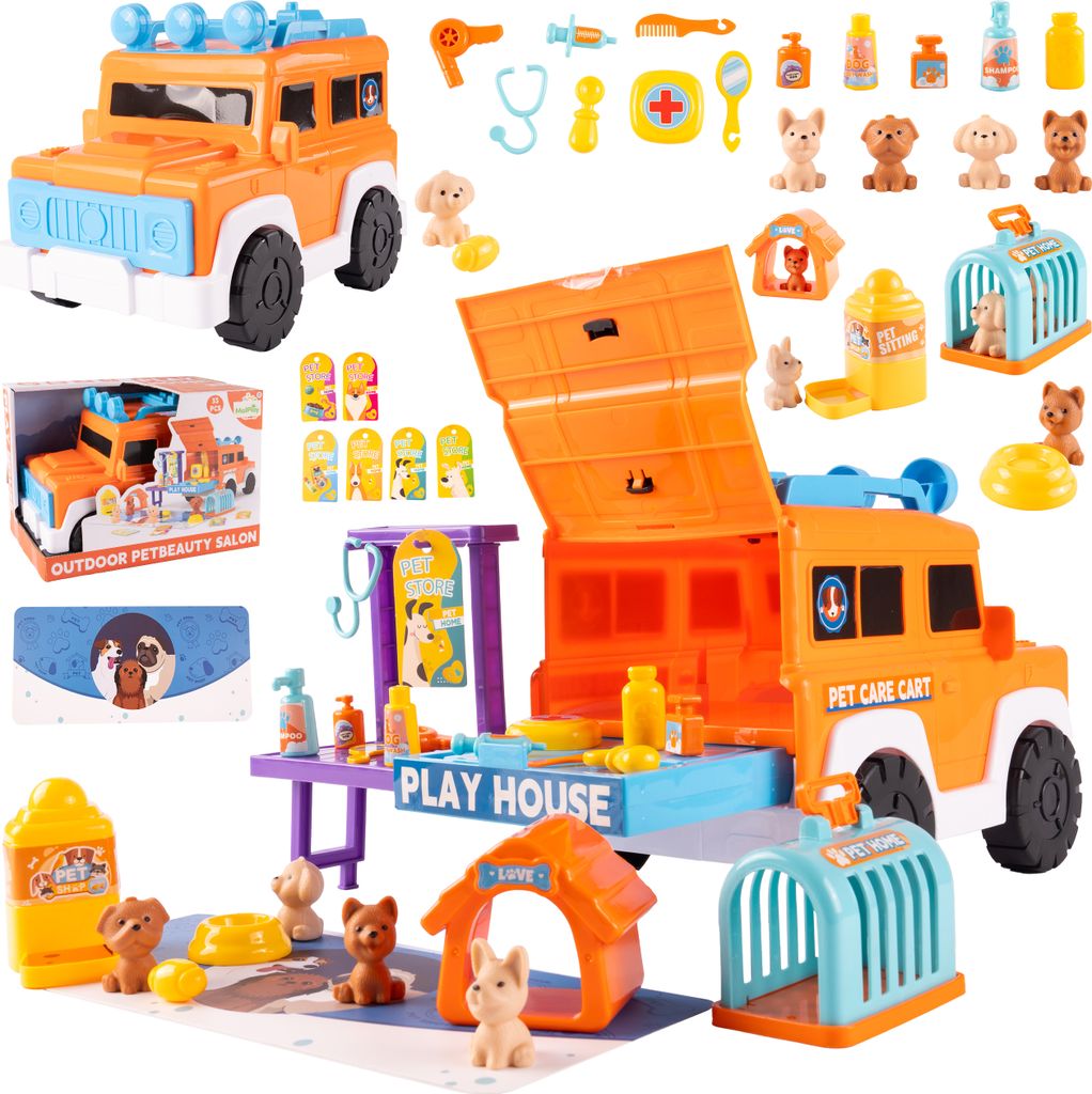 Malplay Hundeschönheitssalon Spielzeug Friseur Orange Auto Groomer Arzt 33 Zubehör Puppy