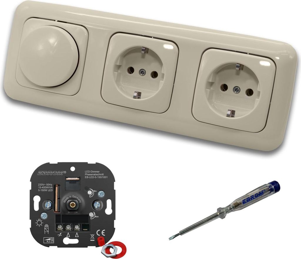 EBROM 1001 LED Drehdimmer Dimmer + Busch Jäger Dimmerscheibe 2115-212 und 2 x Steckdose mit Kinderschutz 20EUCKS-212 in DURO2000 cremeweiß glänz...