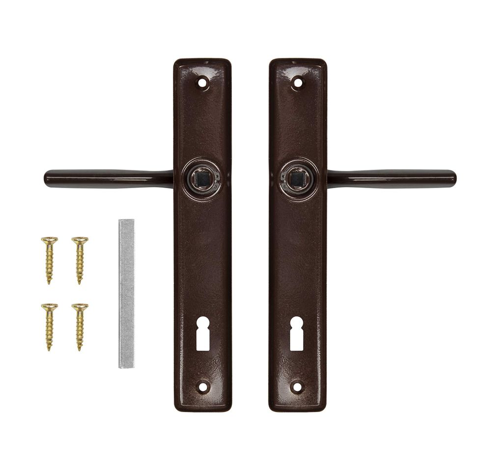 A set of two door handles with key locks and screws on a white background.