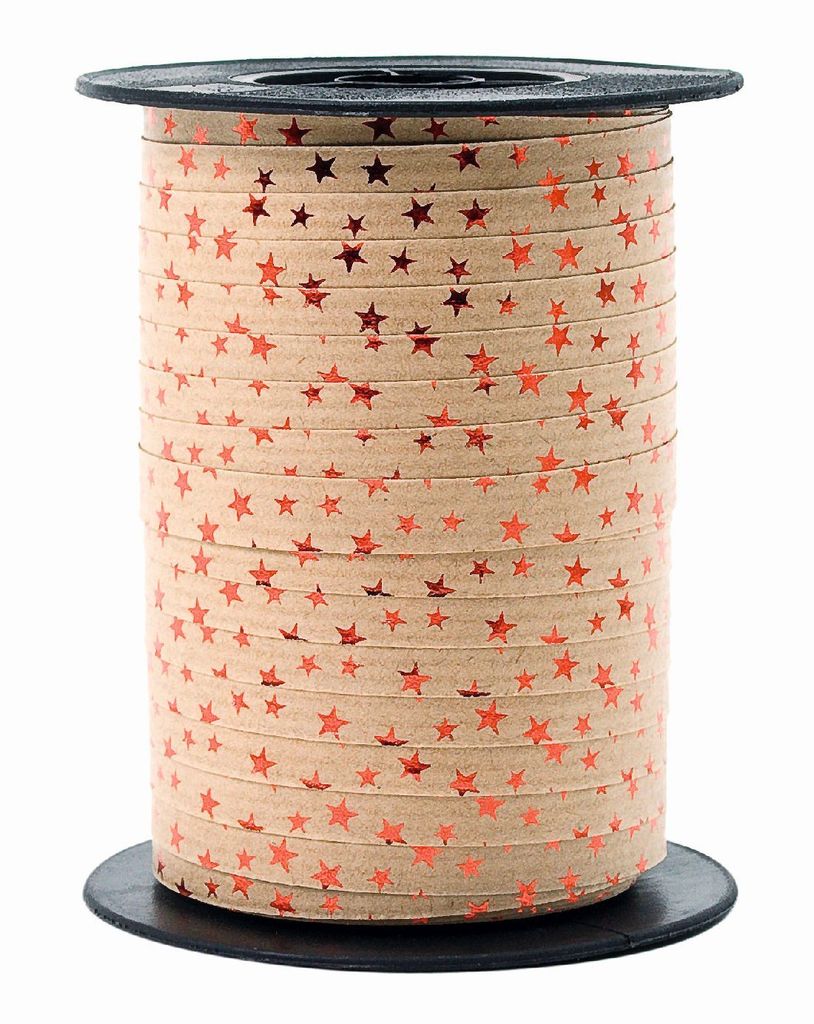 Kräuselband / Ziehband mit Sternen / braun-rot / Breite:10 mm / Länge:100 Meter - 0,18 € pro Meter