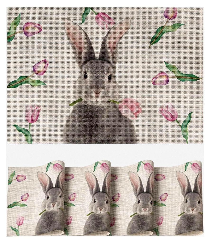 Tulpe Hase Ostern 4er Set PVC Platzsets, Saisonale Frühling Küche Tischdekoration Drinnen Urlaub Party Dekor 30x45cm