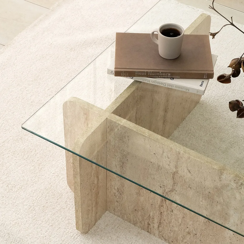 Table basse robuste en travertin et verre 105 cm : design durable - 4