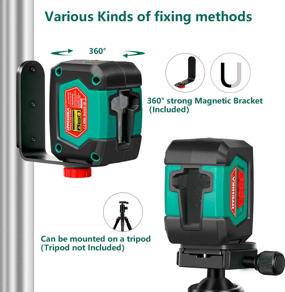 Niveau laser en croix vert Hychika LL2R10C, 15m, autonivelant avec support