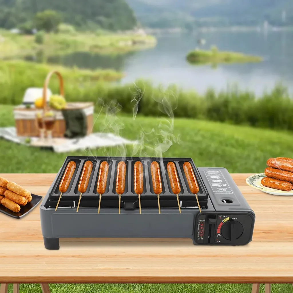 Barbecue de table à gaz portable avec plaque de cuisson et mallette bleu - 4