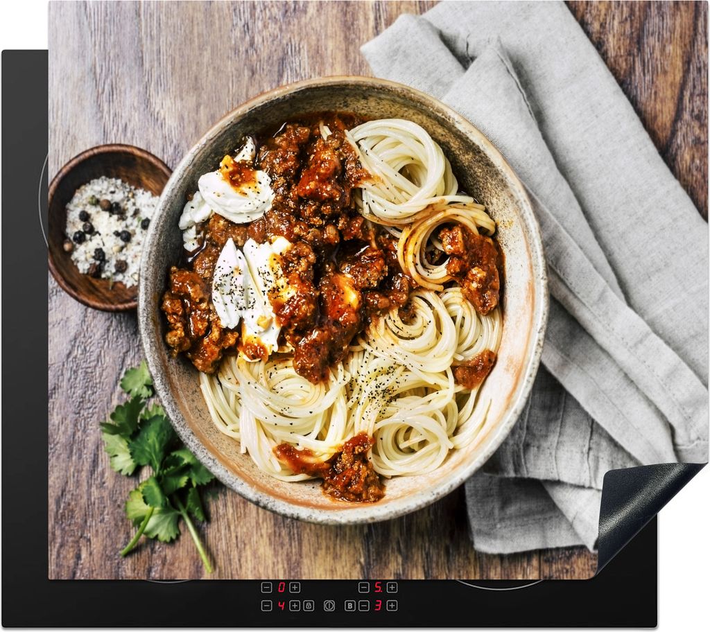 KitchenYeah Herdabdeckplatte Spaghetti mit Mozzarella , 57x51cm, Küche Deko, Glaskeramikfeld Herdabdeckung, Abdeckplatte fùr Kochfeld