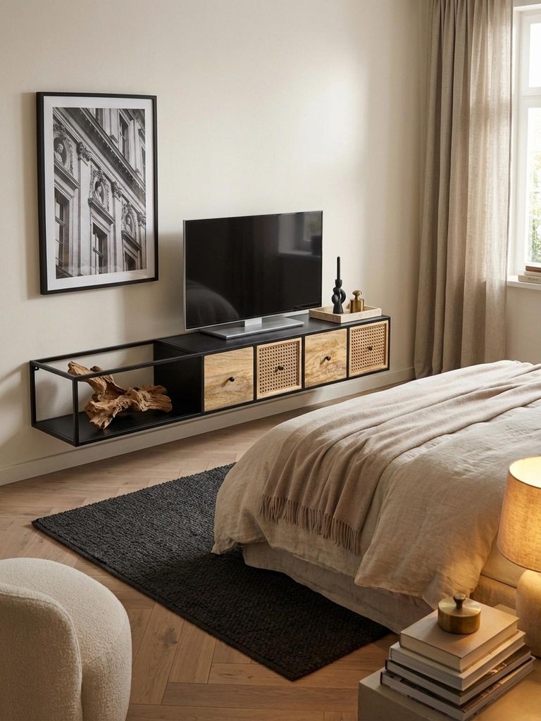 Lowboard Hängend Mango Massivholz / Metall 150x25x35 cm TV-Schrank Schwarz, Design Fernsehtisch Wiener Geflecht Modern, Fernsehschrank Wand, TV-Ko...