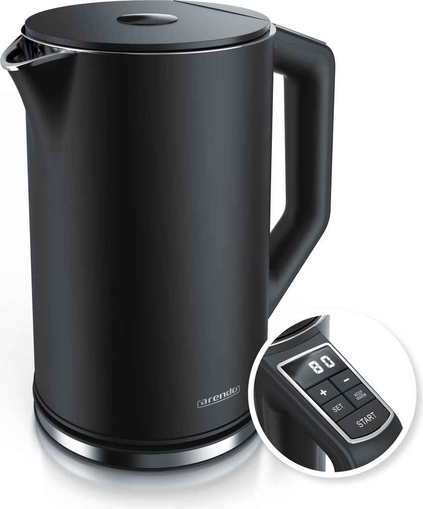 Arendo Wasserkocher mit Temperatureinstellung 40°C - 100°C, Temperaturanzeige, Temperaturwahl, 1,5 L, 2200W, Edelstahl, Warmhaltefunktion, Doppel...
